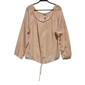 HARD TAIL FOREVER Womens M Pink Gathered Neckline Drawstring Hem Long Sleeve Top